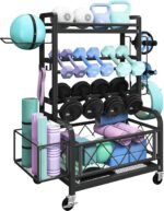 Yaheetech Weight Plate Rack Home Gym Yoga Mat Holder, Metal Dumbbell Rack Stand Fitness Equipment Storage with Hooks & Wheels for Kettlebells/Yoga Ball, Black - Image 2
