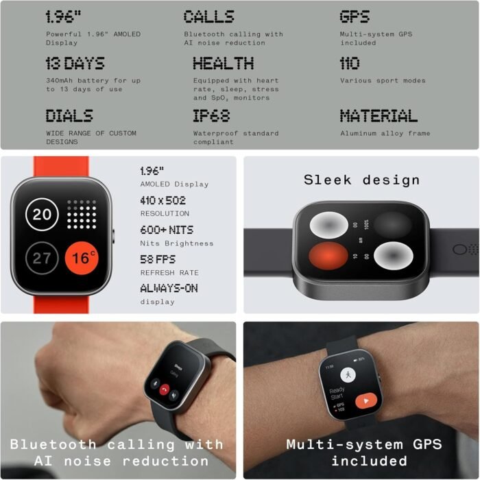 CMF Watch Pro 2025 Upgrade Smart Watch, Fitness Tracker, Heart Rate SpO2 Sleep Monitor,1.96" AMOLED Display, Bluetooth Calls with AI Noise Reduction,13 Days Long Battery, IP68 Water Resistance (Black) - Image 3