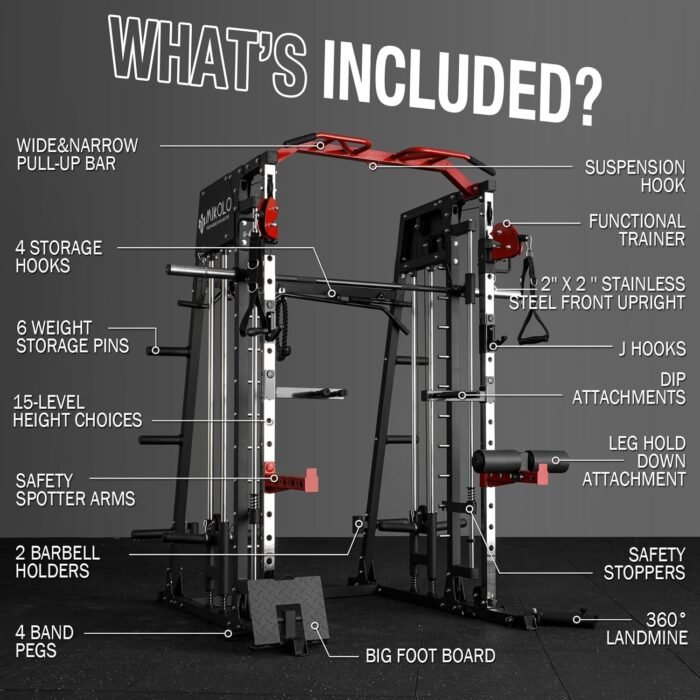 Mikolo Smith Machine, 2200lbs Squat Rack with LAT-Pull Down System & Cable Crossover Machine, Training Equipment with Leg Hold-Down Attachment, Garage & Home Gym Package - Image 8
