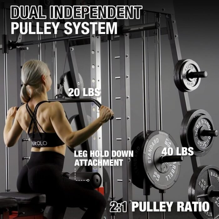Mikolo Smith Machine, 2200lbs Squat Rack with LAT-Pull Down System & Cable Crossover Machine, Training Equipment with Leg Hold-Down Attachment, Garage & Home Gym Package - Image 9