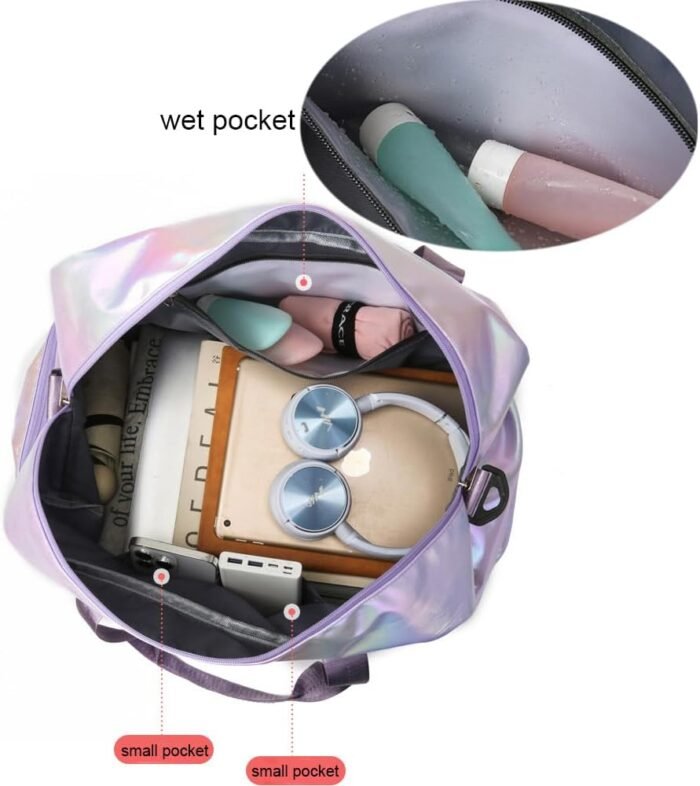Holographic Shimmering Gym Duffle Bag with Shoes Compartment & Wet Pocket, Women Weekend Overnight Travel Bag Gymnastic Dance Bag for Girl (blue) - Image 5