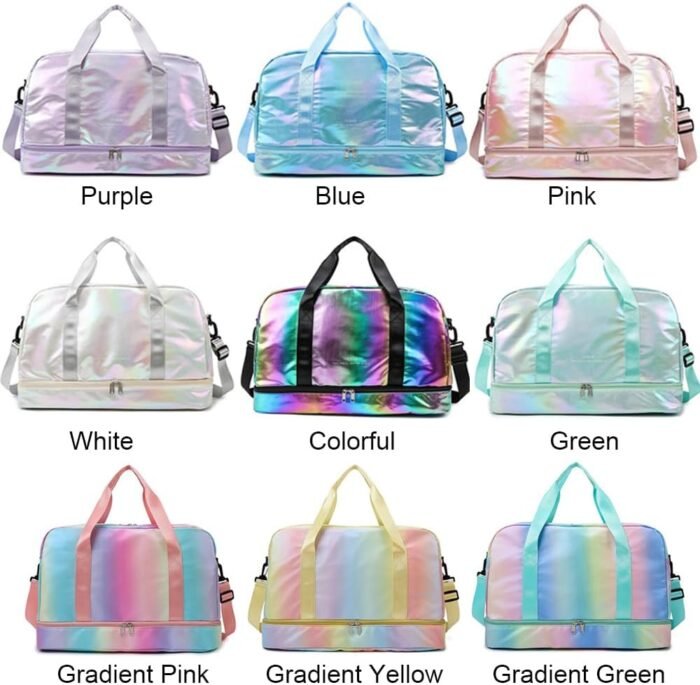 Holographic Shimmering Gym Duffle Bag with Shoes Compartment & Wet Pocket, Women Weekend Overnight Travel Bag Gymnastic Dance Bag for Girl (blue) - Image 10