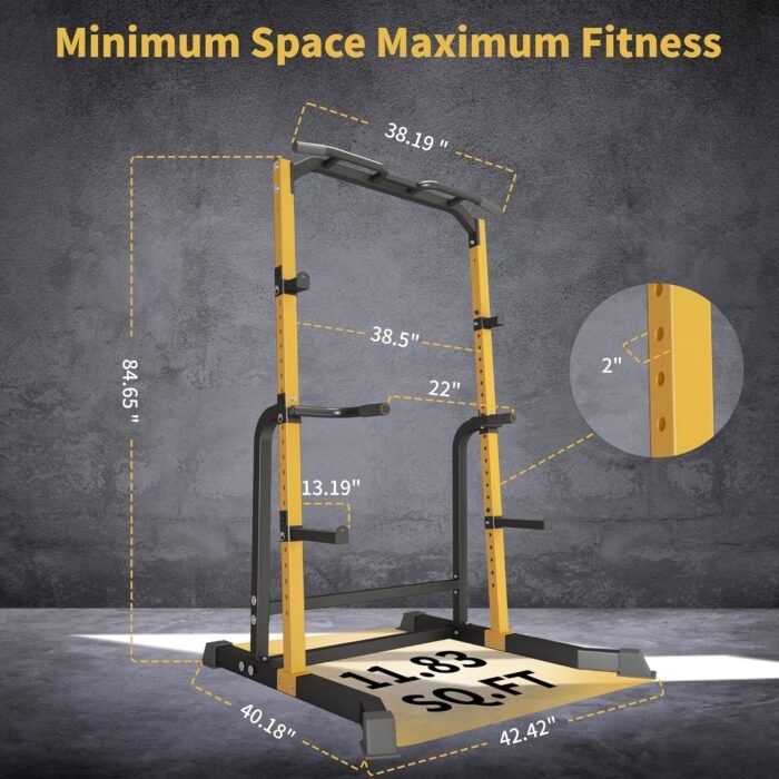 Power Cage - Heavy Duty 1000lb Capacity Squat Rack with Pull-Up Bar & Spotter Arms, Adjustable Home Gym Power Rack for Strength Training, Space-Saving Design (Yellow) - Image 8
