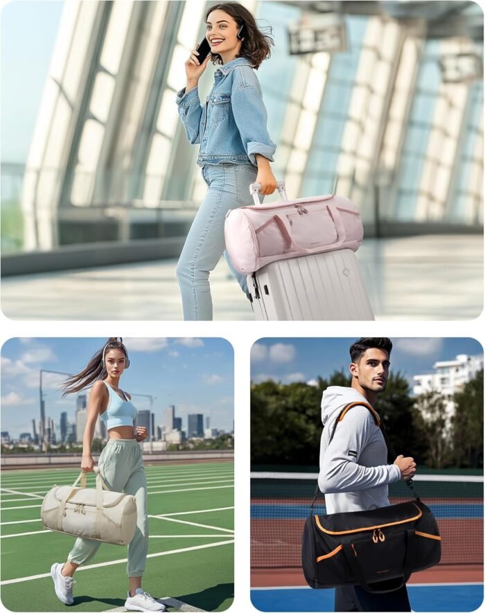 BAGSMART Gym Bag for Men & Women, Lightweight Duffel with Shoe Compartment, Weekender Bags with Wet Pocket, Workout Overnight Carry on for Travel, Beige - Image 3