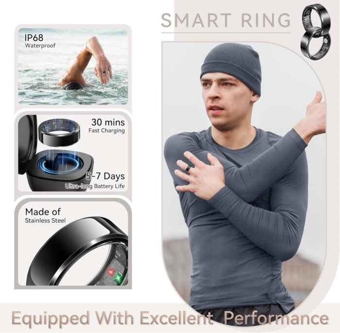 Health Smart Ring for Men Women, Fitness Tracker with Heart Rate/Blood Pressure/Blood Oxygen Monitor,Sleep Tracker,Pedometer, IP68 Waterproof Ring for iPhone&Android, No Subscription (Black, Size9） - Image 8