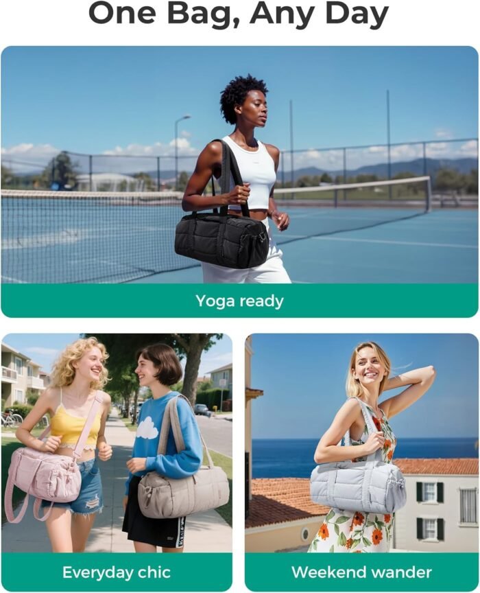 BAGSMART Reiki Gym Bag for Women, Yoga Mat Duffle Bag with Wet & Dry Pocket, Quilted Sports Bag for Weekend/Swimming, Black - Image 3