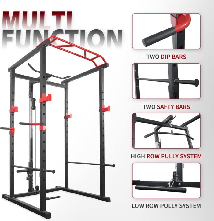 Power Cage 1000-Pound Capacity Exercise Stand Olympic Squat Cage Power Rack with LAT Pull-Down Attachment, Multi-Grip Pull-up Bar and Dip Handle for Men Women Strength Training Home Gym Equipment - Image 4