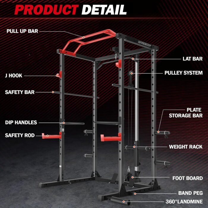 OPPSDECOR Power Cage, 1600lbs Power Rack with LAT-Pull Down System & Adjustable Cable Pulley System, Multi-Functional Squat Rack with More Training Attachments, Workout Cage for Home Gym - Image 4