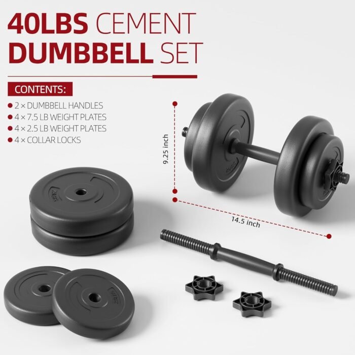Adjustable Dumbbell Set, 40lbs Free Weights Set for Exercise & Fitness, Vinyl Coated Cement Weights with Collars for Women & Men Home Gym Strength Training - Image 3