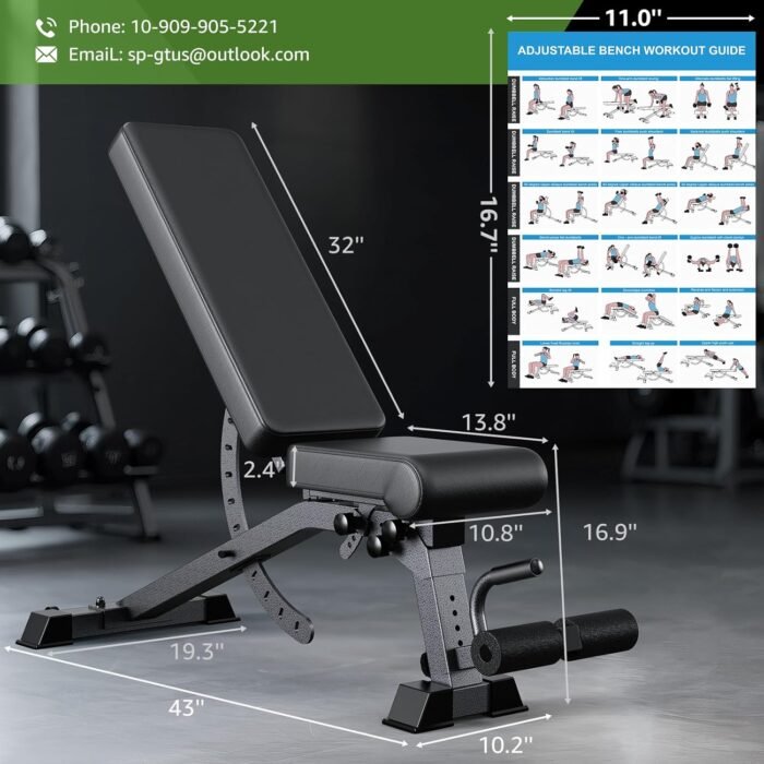192-Setting Adjustable Weight Bench, 1200LB Heavy Duty Workout Bench for Home Gym, Commercial Incline-Flat-Decline Bench Press for Full Body Fitness, 4 Suitable Leg Rest Gears with Fully Upright Backrest - Image 7