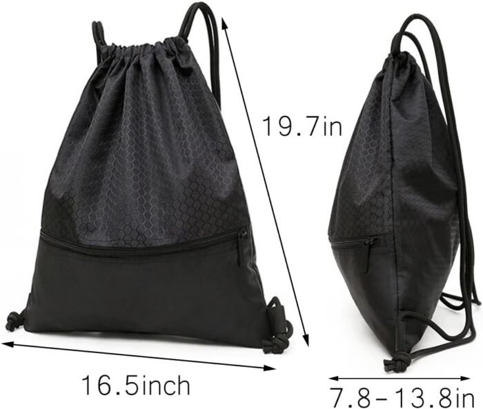 Drawstring Backpack Bag, Waterproof Draw String Back Sack with Zip Pocket, Gym Drawstring Bags Swim Bag for Men Women - Image 4