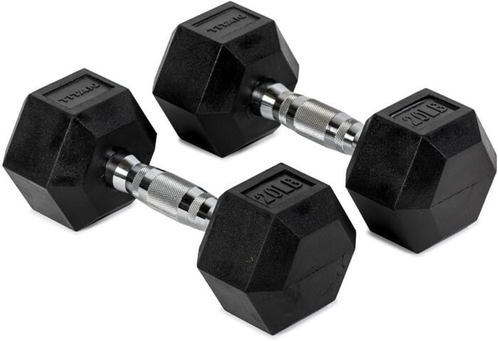 Titan Fitness 20 LB Pair Rubber Coated Hex Dumbbells, Roll-Resistant Hexagonal Free Weights, Chrome-Coated Handles with Knurling, Strength Training Equipment - Image 2