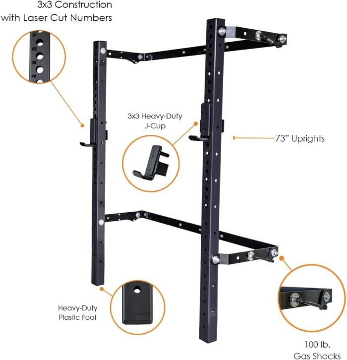 PRx Performance Profile PRO 73" Folding Squat Rack, Wall Mounted Home Gym System, 3x3 Uprights, 10 Color Powder Coat Options, Bench Press Stand with J-Hooks - Image 5