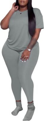 PINSV Women's Plus Size 2 Piece Outfits Tracksuits Short Sleeve Top Pants Sets Sweatsuits - Image 3
