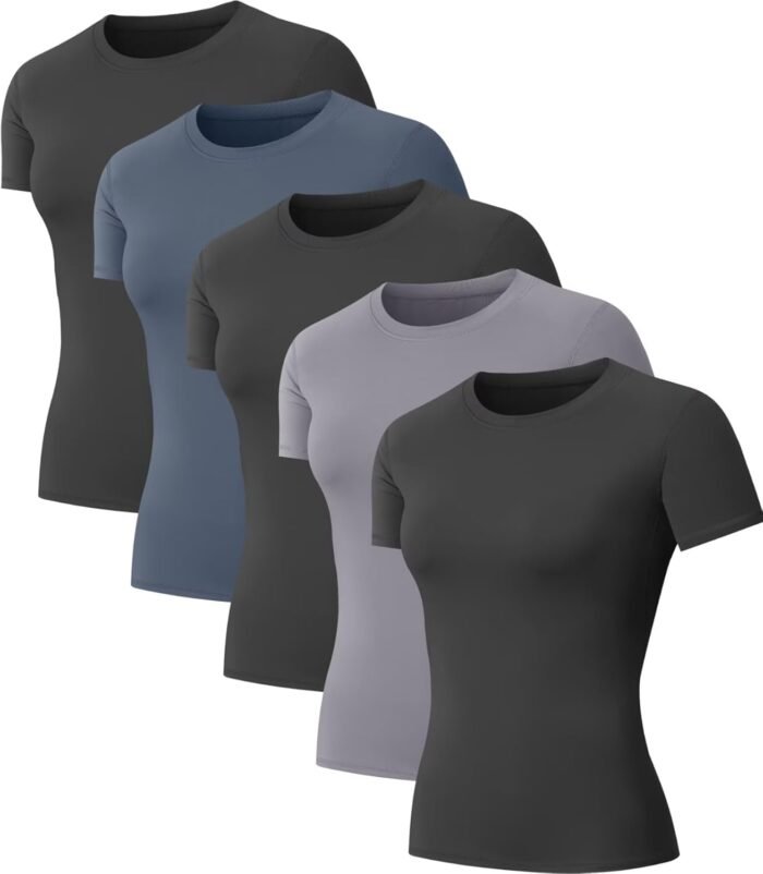 5-Pack Women's Compression Shirts Short Sleeve Workout Tops Athletic Baselayer Quick Dry Gym Yoga Running T-Shirt - Image 2