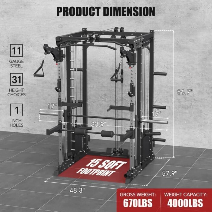 FAGUS Commercial Smithe Machine with 308lb Dual Weight Stacks, 4000LBS Power Cage Squat Rack with Lever Arm & Leg Press, Multi-Function Linear Bearing Cable Crossover Machine for Home Gym - Image 3