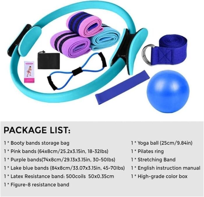 Pilates Essentials Kit，Portable Fitness Equipment for Women，Resistance Bands, Pilates Ring, Ball, for Core Strength Stretching & Toning - Image 7