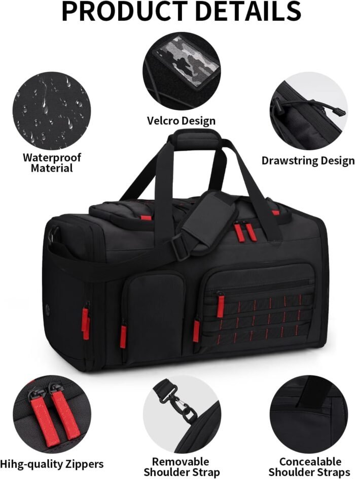 Gym Bags for Men Women, 45L Sports Travel Duffle Bag with Shoe Compartment, 3 in 1 Weekener Overnight Backpack with Wet Pocket, Black - Image 4