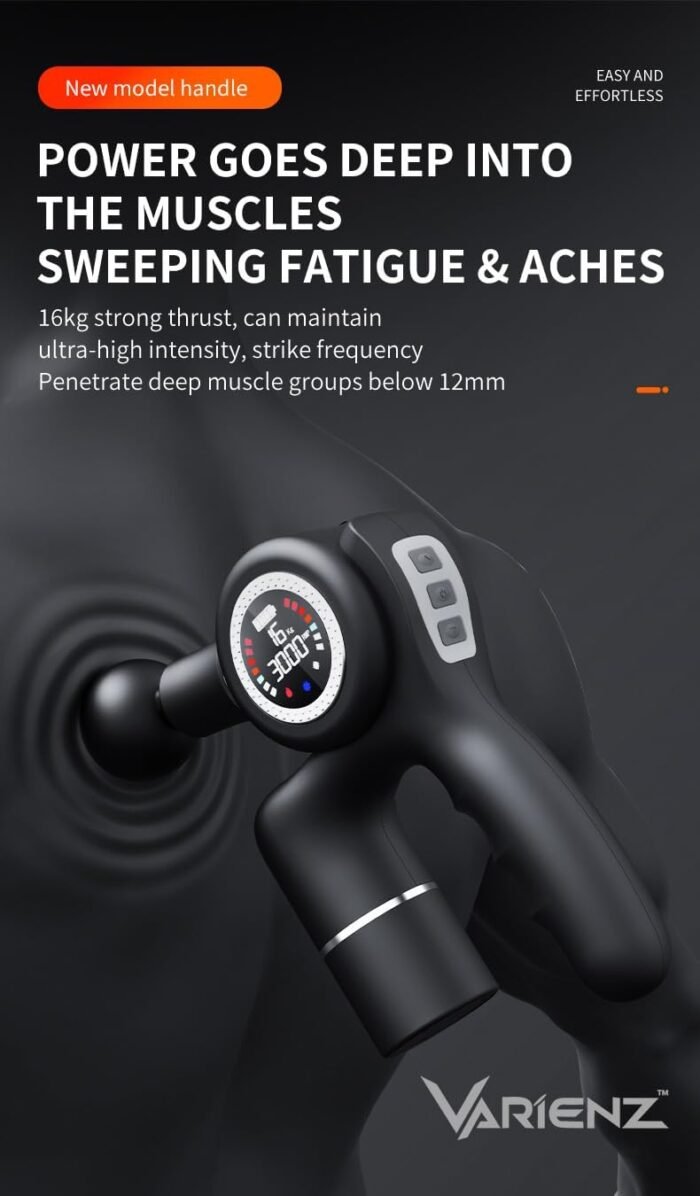 VM PRO Body Massage Gun with Heat & Cold Therapy – Deep Tissue Percussion Massager for Pain Relief, Muscle Recovery, 16kg Thrust, 15 Speeds, 90° Rotation, Quiet Brushless Motor, Extra Battery - Image 4