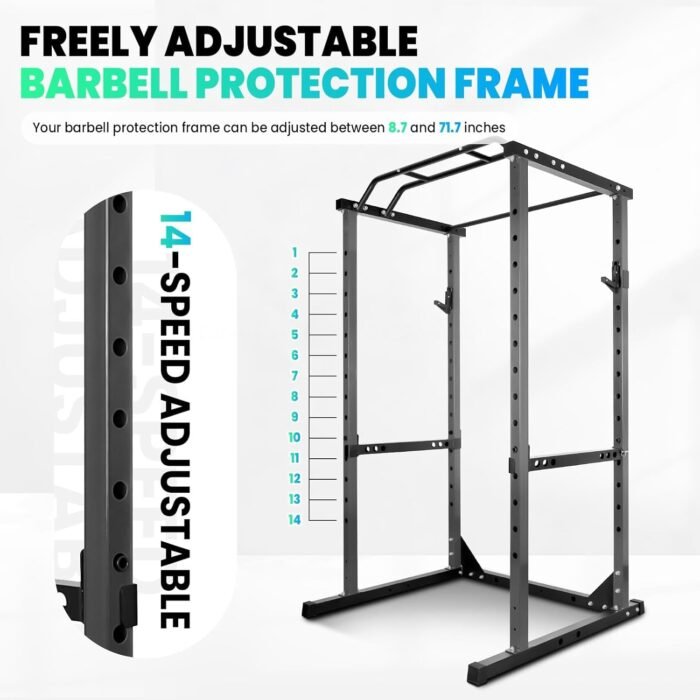 HUYUTT Power Cage, 1200LB Squat Rack with 14-Hole Pull-Up Bar, 2 Steel Frame, Adjustable J-Hooks and Safety Bars, for Home Gym Strength Training, Black - Image 5