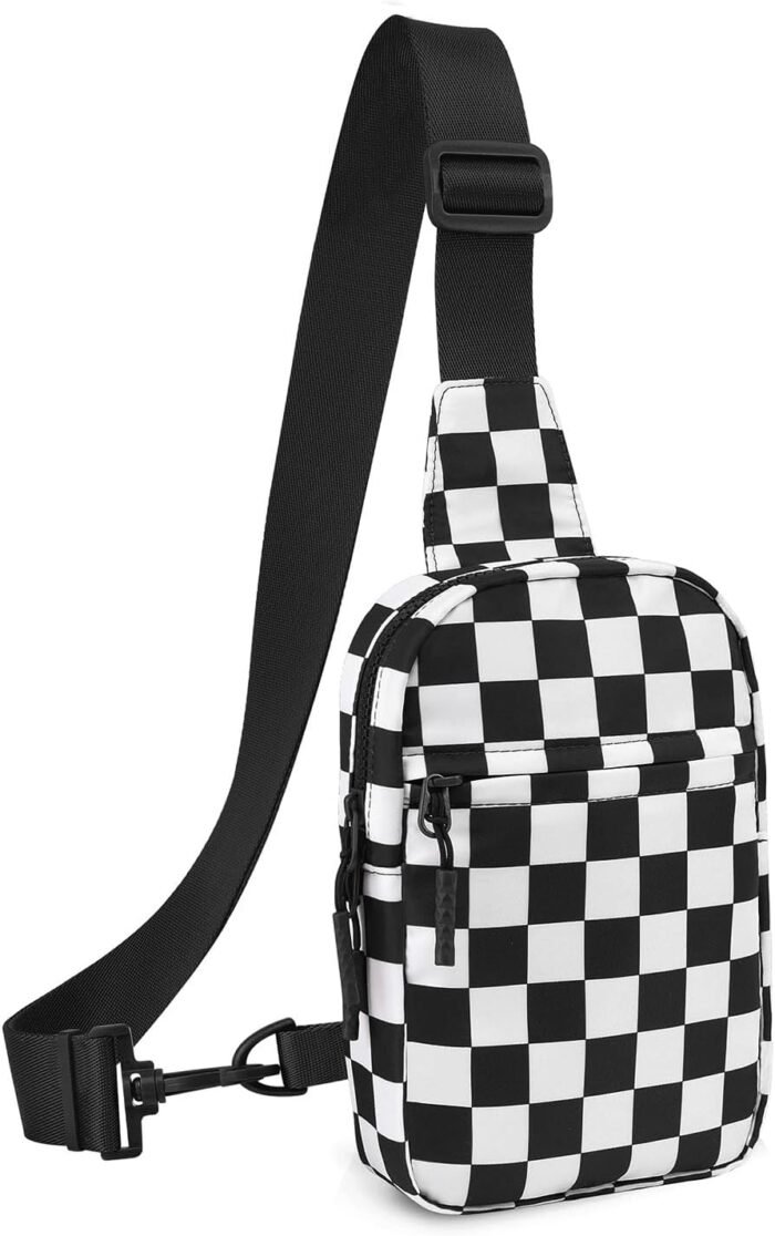 Small Checkered Crossbody Sling Bag Chest Bag Water Resistant Fanny Pack Running Phone Holder for Women Men Workout Travelling Hiking(Black) - Image 2
