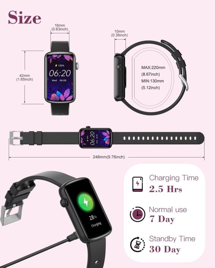 Fitness Watches for Women, LYNN2 Fitness Tracker with Heart Rate Monitor Blood Oxygen/Sleep Tracker Pedometer, Slim Step Tracker Watch for iOS/Android Phones Waterproof (Black) - Image 6