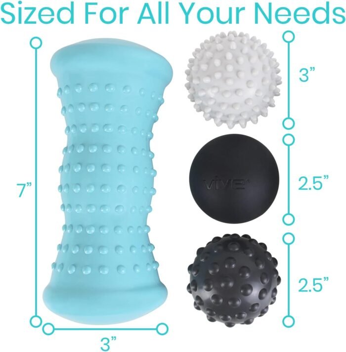 Vive Massage Ball Set (4 Piece) - Plantar Fasciitis Relief Foot Pain Hot Cold Therapy - Heel Spur, Sore Muscle, Trigger Point, Back, Arm, Neck, Shoulder, Leg Circulation Roller - FSA HSA Eligible - Image 7