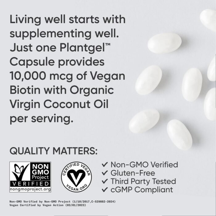 Sports Research® Biotin 10,000mcg with Organic Coconut Oil - Biotin (Vitamin B7) for Healthy Skin and Hair Support* - for Women and Men - Vegan, Non-GMO, Gluten & Soy-Free - 120 Veggie Softgels - Image 5