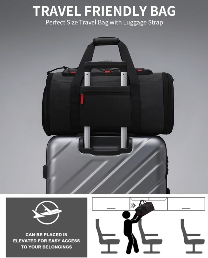 Gym Bags for Men Women, 45L Sports Travel Duffle Bag with Shoe Compartment, 3 in 1 Weekener Overnight Backpack with Wet Pocket, Black - Image 8
