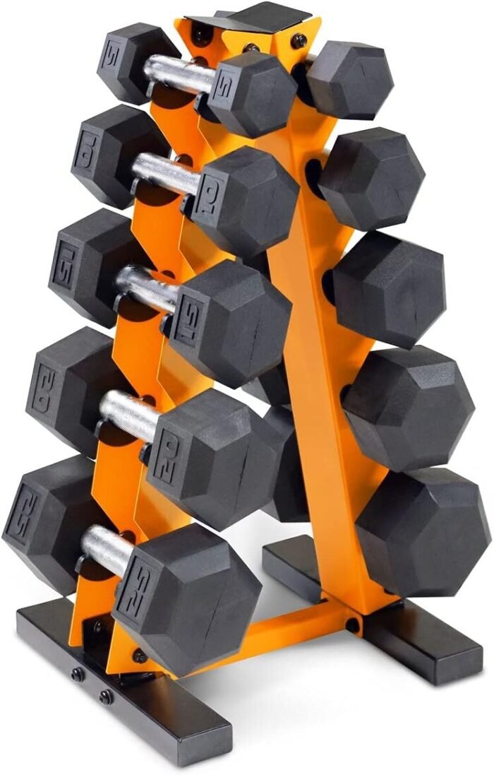 WF Athletic Supply 5-25Lb Rubber Coated Hex Dumbbell Set with A Frame Storage Rack Non-Slip Hex Shape for Muscle Toning, Strength Building & Weight Loss - Multiple Choices Available - Image 2