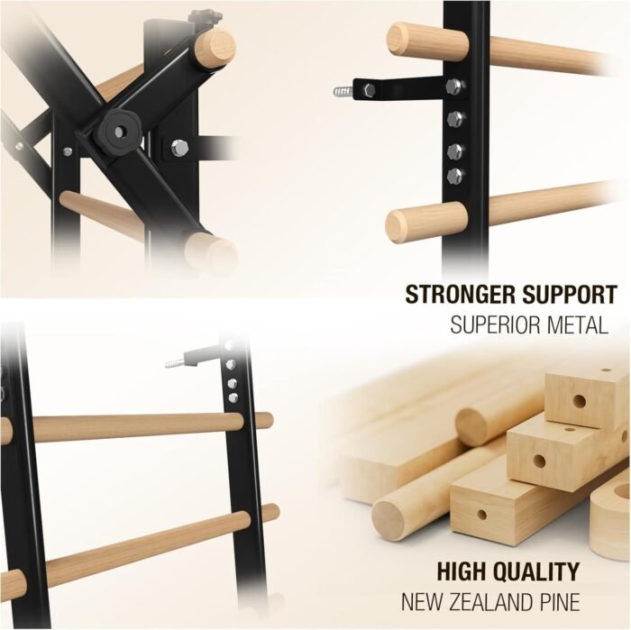 Swedish Ladder Wood Stall Bar, Suspension Trainer with Pull-Up Bar and Dip Bar Attachments, Wooden Stall Bar with 9 Strategic Rods for Core Strengthening and Stretching Balanced for Body Exercises - Image 6