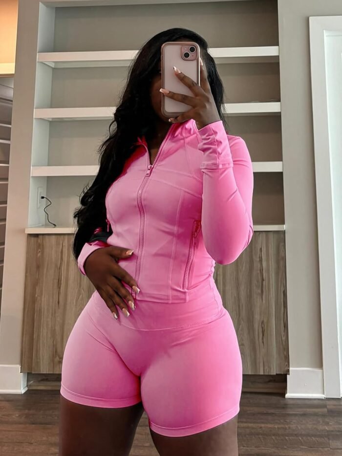 XZLUFNY Two Piece Short Sets for Women Long Sleeve Sport Jacket Bodycon Short Tracksuit Sweatsuit - Image 4