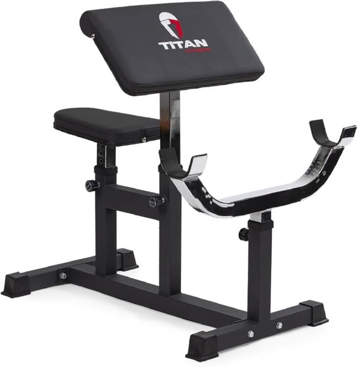Titan Fitness Adjustable Preacher Curl Weight Station, 250 LB Capacity, Adjustable Bench Seat, Adjustable Arm Rest, Durable Bar Catches, Seated Home Gym Barbell and Dumbbell Biceps Station - Image 2