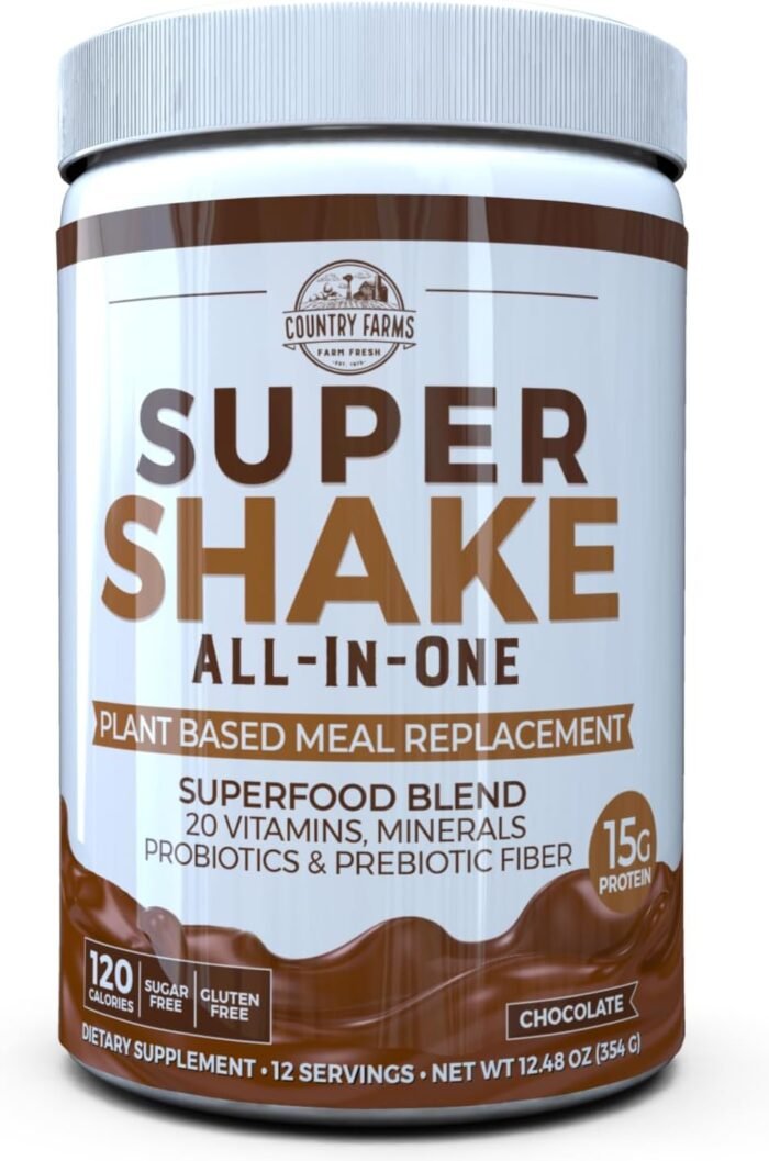 Country Farms All-in-One Super Shake Meal Replacement 15g Plant Protein Dietary Supplement with Superfoods, Vitamins, Probiotics and Prebiotics, 12 Servings, Chocolate, 12.48 Oz - Image 2