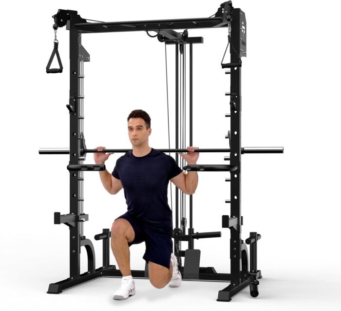 EVOLPOW Squat Rack with Pulley System, Smith Bar, J-Hooks, Dip Handles, Landmine Attachment, Multi-Functional Power Cage with Optional Bench, Weight Plates for Home Gym - Image 2