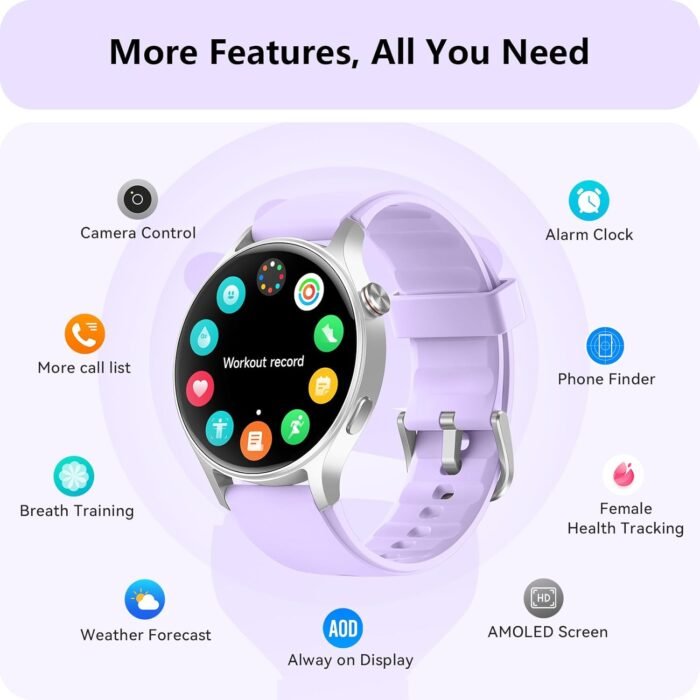 aeac Smart Watch for Women, AMOLED Ultra-Clear Screen Activity Trackers with Heart Rate/Sleep/SpO2 Monitor, Smartwatch for iPhone/Samsung/Android, 110+ Sport Modes (Gray, S/M/L, Purple) - Image 8