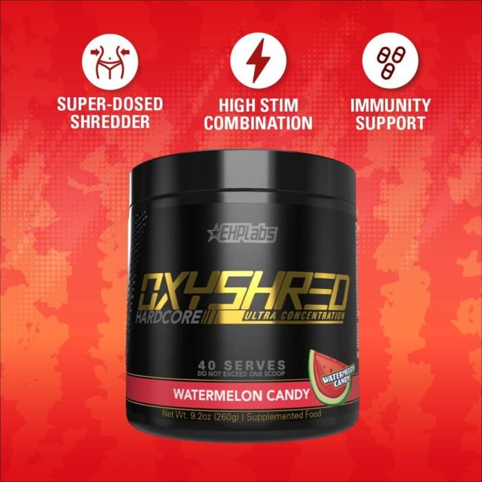 EHP Labs OxyShred Hardcore Super Dosed Pre Workout Powder - Preworkout Powder with L Glutamine & Acetyl L Carnitine, Energy Boost Drink - 275mg of Caffeine - Watermelon Candy, 40 Servings - Image 6