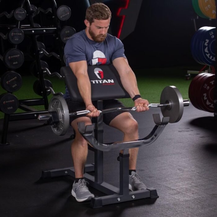 Titan Fitness Adjustable Preacher Curl Weight Station, 250 LB Capacity, Adjustable Bench Seat, Adjustable Arm Rest, Durable Bar Catches, Seated Home Gym Barbell and Dumbbell Biceps Station - Image 3