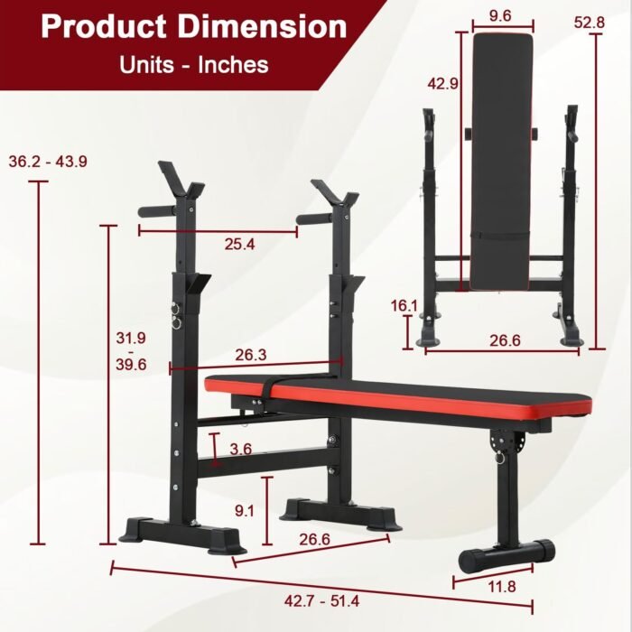 Weight Bench Adjustable Weight Bench Press Set with Squat Rack 660lbs Foldable Flat Incline Olympic Weight Bench Home Gym Exercise Training Machine for Men - Image 3