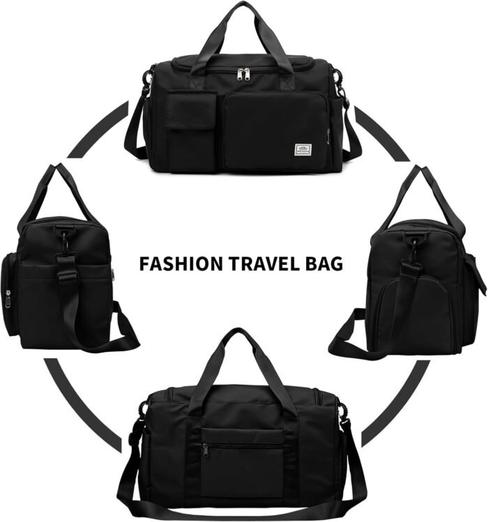 Travel Duffel Tote Bag with Dry Wet Separation Pocket, Weekender Bag for Women and Men，Waterproof Bag with Shoe Compartment Lightweight and Easy Carry on Black - Image 6