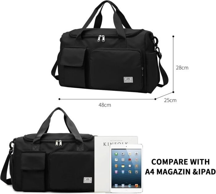 Travel Duffel Tote Bag with Dry Wet Separation Pocket, Weekender Bag for Women and Men，Waterproof Bag with Shoe Compartment Lightweight and Easy Carry on Black - Image 4