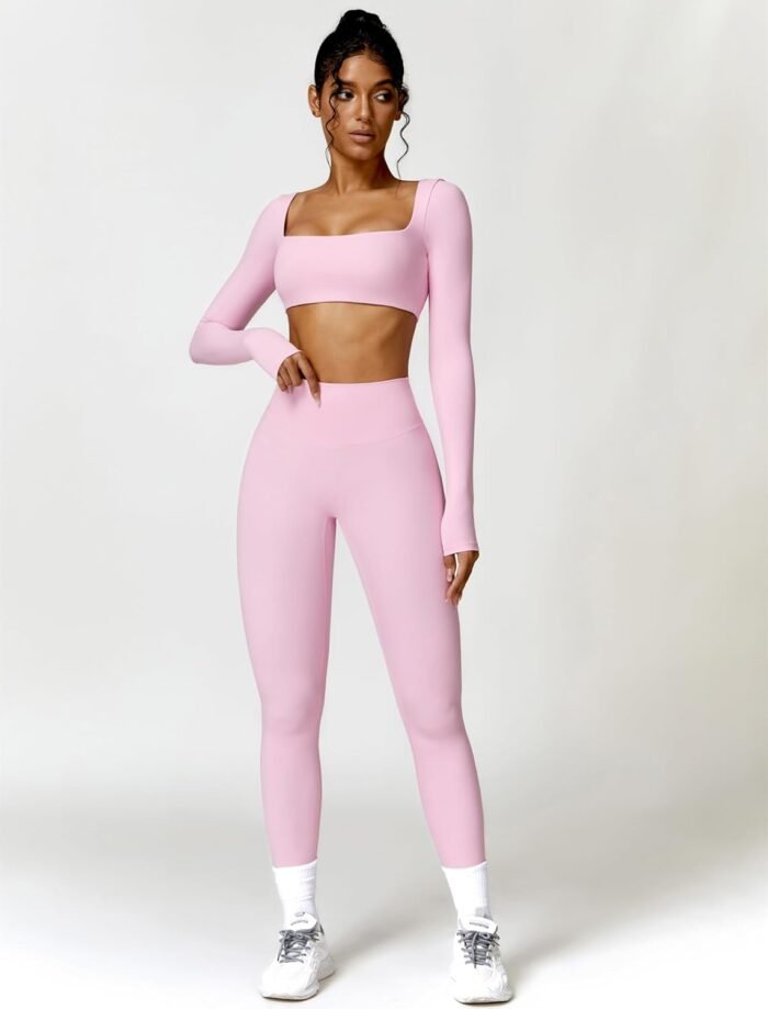 ABOCIW Workout Sets for Women 2 Piece Square Neck Long Sleeve Crop Tops High Waist Flared Leggings Gym Sets - Image 4