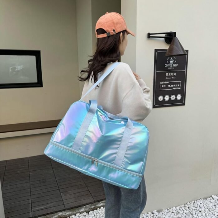 Holographic Shimmering Gym Duffle Bag with Shoes Compartment & Wet Pocket, Women Weekend Overnight Travel Bag Gymnastic Dance Bag for Girl (blue) - Image 4