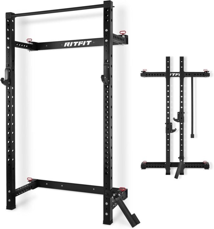RitFit Multi-Functional Folding Squat Rack for Home Gym, 2.36'' x 2.36'' Wall Mounted Squat Rack with Attachments - Space Saving Squat Power Rack - Image 2