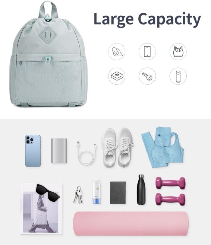 WANDF Drawstring Backpack for Women, Lightweight Gym Bag with Yoga Mat Strap, Water-Resistant String Backpack with Mesh Pocket (Grey, Patent Pending) - Image 5