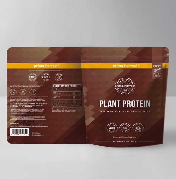 Primal Harvest Vegan Protein Powder for Nutritional Weight Support 20g Plant-Based Protein Per Serving from Fava Beans Chickpeas & Rice Chocolate Flavor 405g Gluten-Free Soy-Free No Added Sugar - Image 3