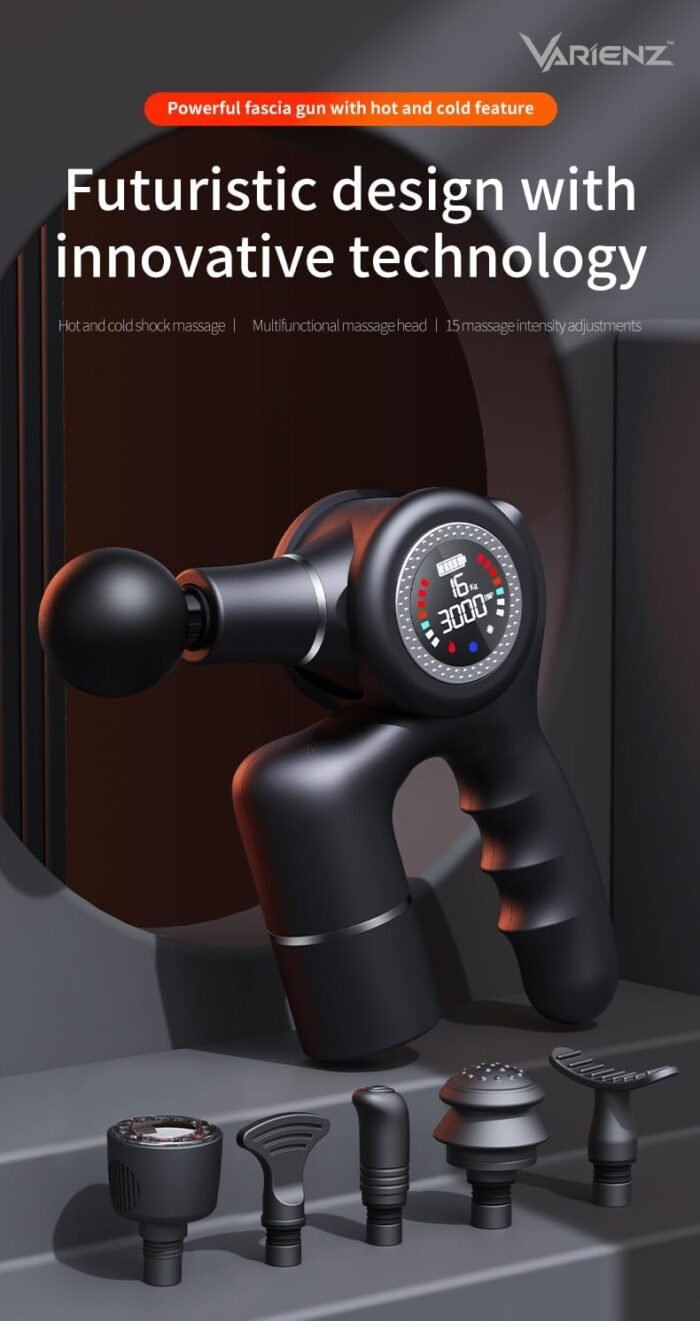 VM PRO Body Massage Gun with Heat & Cold Therapy – Deep Tissue Percussion Massager for Pain Relief, Muscle Recovery, 16kg Thrust, 15 Speeds, 90° Rotation, Quiet Brushless Motor, Extra Battery - Image 3