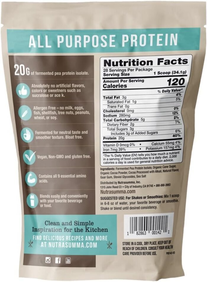Pea Protein Powder, Vegan Chocolate Flavor, 100% Plant Based, No Artificial Sweeteners, Non GMO, Gluten Free & Soy Free, 2.11 LB - Image 3