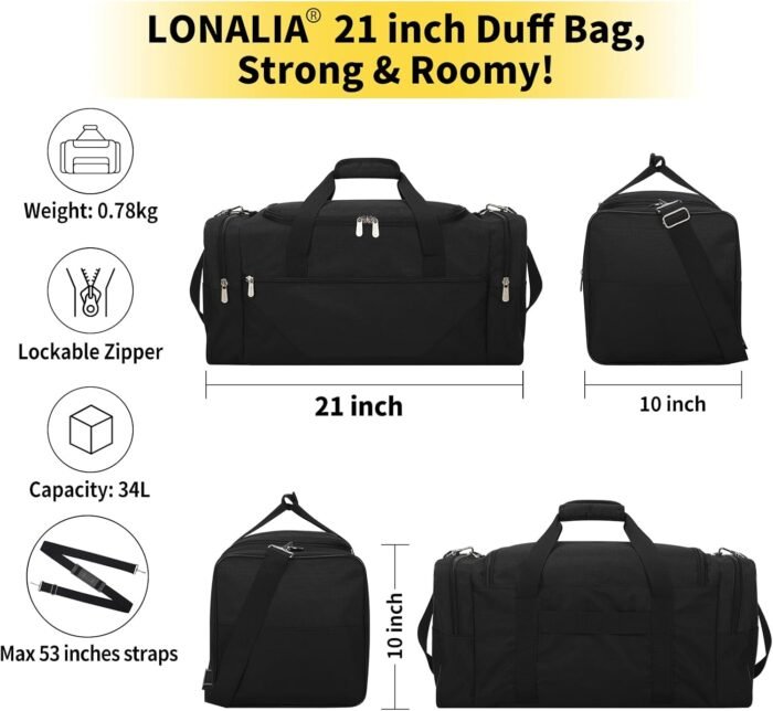 Gym Bag Sport Duffle Bag for Men - 21 in Weekender Travel Bag with Trolley Sleeve (Black) - Image 7