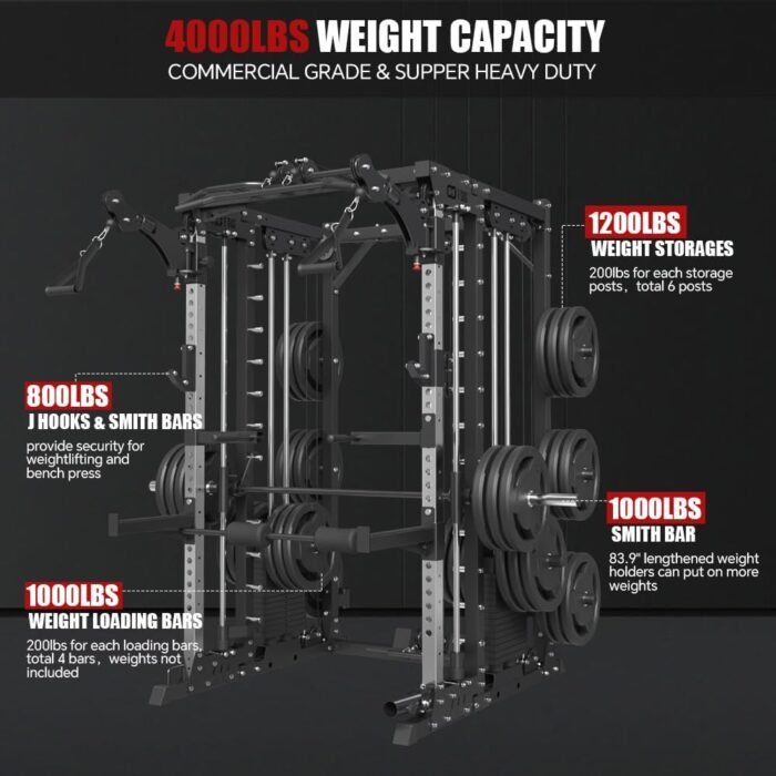 FAGUS Commercial Smithe Machine with 308lb Dual Weight Stacks, 4000LBS Power Cage Squat Rack with Lever Arm & Leg Press, Multi-Function Linear Bearing Cable Crossover Machine for Home Gym - Image 9